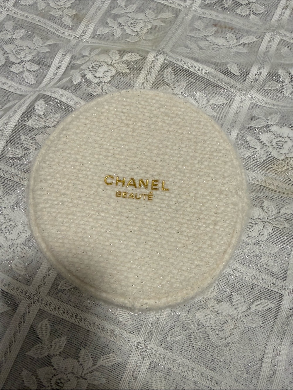 CHANEL White Round Tweed Makeup Case with Gold Logo